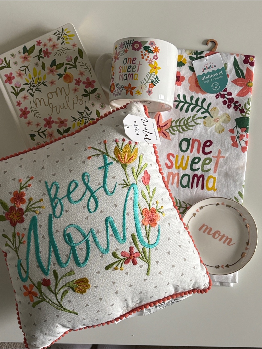 NWOT 5-piece “Mom” bundle: pillow, kitchen towel, mug, journal & jewelry dish